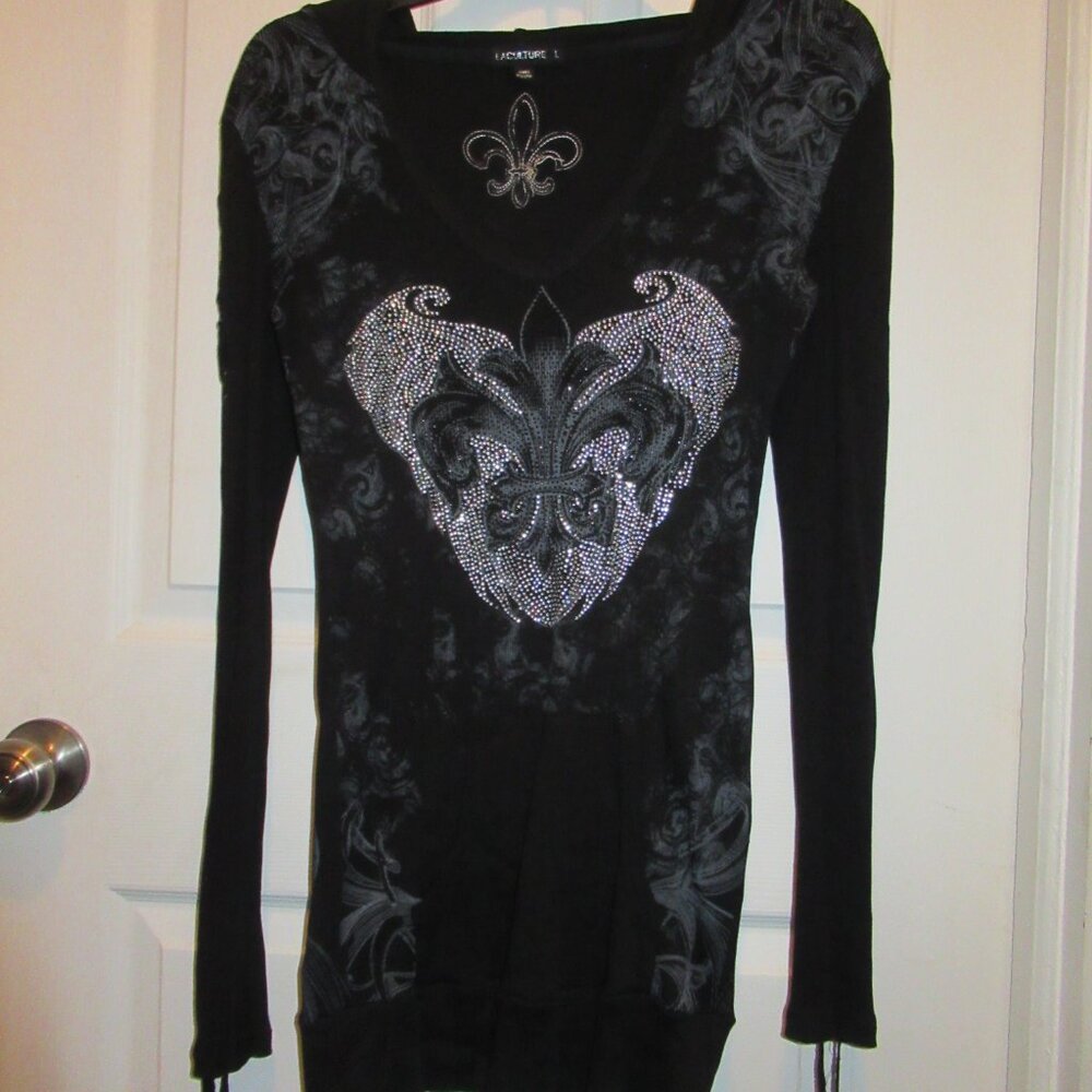 Fleur De Lis Angel Wing Hoodie Retro Rocker Glam Rhinestone Embellished Vintage